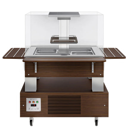 GGM Gastro Refrigerated Salad Bar DUBLIN - 1700mm - with Refrigerated Well + Angled Glass Sneeze Guard - on Castors - for 4x GN 1/1 - Brown
