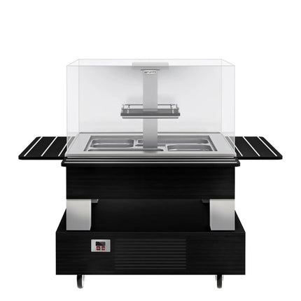 GGM Gastro Refrigerated Salad Bar DUBLIN - 1700mm - with Refrigerated Well + Angled Glass Sneeze Guard - on Castors - for 4x GN 1/1 - Black