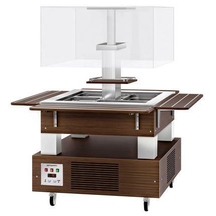GGM Gastro Refrigerated Salad Bar DUBLIN - 1700mm - with Refrigerated Well + Angled Glass Sneeze Guard - on Castors - for 4x GN 1/1 - Brown