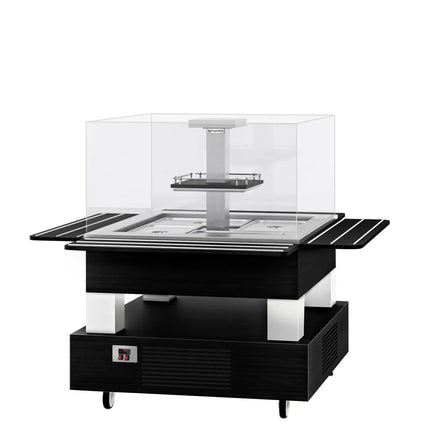 GGM Gastro Refrigerated Salad Bar DUBLIN - 1700mm - with Refrigerated Well + Angled Glass Sneeze Guard - on Castors - for 4x GN 1/1 - Black