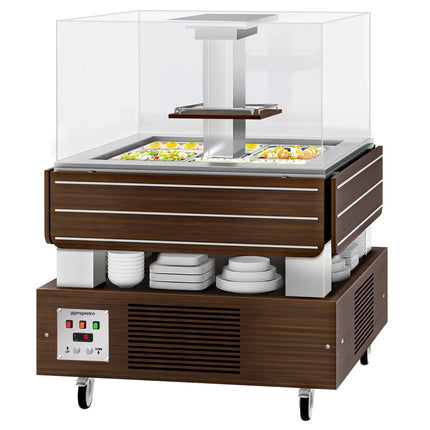 GGM Gastro Refrigerated Salad Bar DUBLIN - 1700mm - with Refrigerated Well + Angled Glass Sneeze Guard - on Castors - for 4x GN 1/1 - Brown