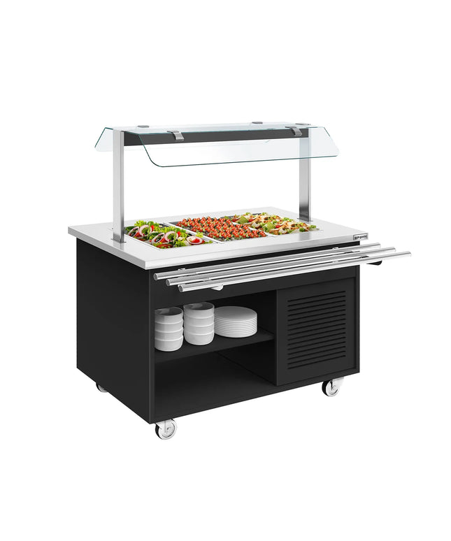 GGM Gastro Refrigerated Salad Bar Trolley DANZIG - 1300mm - for 3x GN 1/1 - with Tray Slide - Black - Mobile - with Gantry - with Sneeze Screen