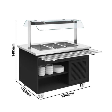GGM Gastro Refrigerated Salad Bar Trolley DANZIG - 1300mm - for 3x GN 1/1 - with Tray Slide - Black - Mobile - with Gantry - with Sneeze Screen