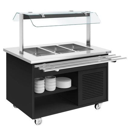 GGM Gastro Refrigerated Salad Bar Trolley DANZIG - 1300mm - for 3x GN 1/1 - with Tray Slide - Black - Mobile - with Gantry - with Sneeze Screen