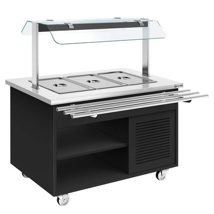 GGM Gastro Refrigerated Salad Bar Trolley DANZIG - 1300mm - for 3x GN 1/1 - with Tray Slide - Black - Mobile - with Gantry - with Sneeze Screen