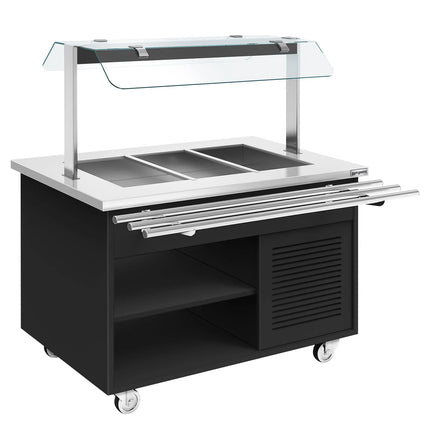 GGM Gastro Refrigerated Salad Bar Trolley DANZIG - 1300mm - for 3x GN 1/1 - with Tray Slide - Black - Mobile - with Gantry - with Sneeze Screen