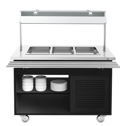 GGM Gastro Refrigerated Salad Bar Trolley DANZIG - 1300mm - for 3x GN 1/1 - with Tray Slide - Black - Mobile - with Gantry - with Sneeze Screen