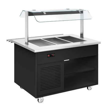 GGM Gastro Refrigerated Salad Bar Trolley DANZIG - 1300mm - for 3x GN 1/1 - with Tray Slide - Black - Mobile - with Gantry - with Sneeze Screen