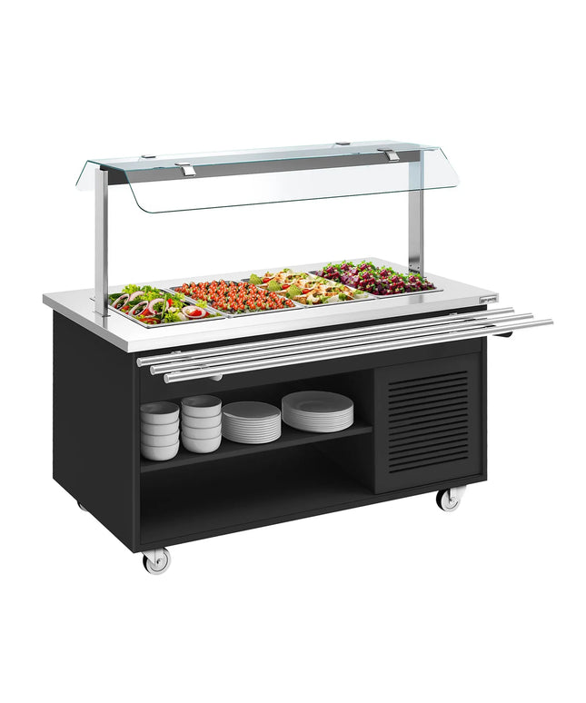 GGM Gastro Refrigerated Salad Bar Trolley DANZIG - 1600mm - for 4x GN 1/1 - with Tray Slide - Black - Mobile - with Gantry - with Sneeze Screen