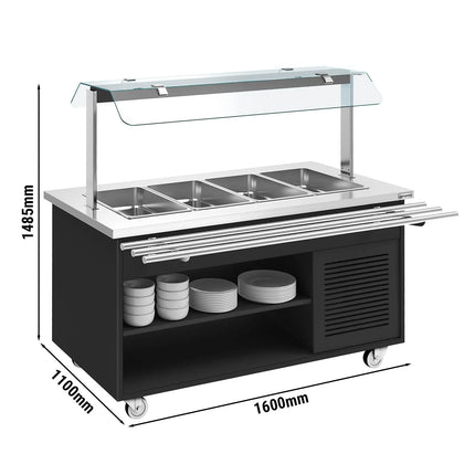 GGM Gastro Refrigerated Salad Bar Trolley DANZIG - 1600mm - for 4x GN 1/1 - with Tray Slide - Black - Mobile - with Gantry - with Sneeze Screen