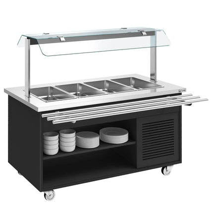 GGM Gastro Refrigerated Salad Bar Trolley DANZIG - 1600mm - for 4x GN 1/1 - with Tray Slide - Black - Mobile - with Gantry - with Sneeze Screen