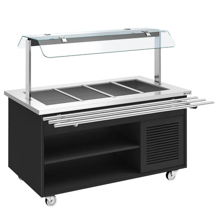 GGM Gastro Refrigerated Salad Bar Trolley DANZIG - 1600mm - for 4x GN 1/1 - with Tray Slide - Black - Mobile - with Gantry - with Sneeze Screen