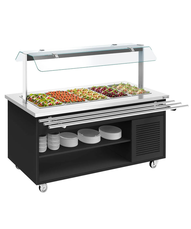 GGM Gastro Refrigerated Salad Bar Trolley DANZIG - 1900mm - for 5x GN 1/1 - with Tray Slide - Black - Mobile - with Gantry - with Sneeze Screen