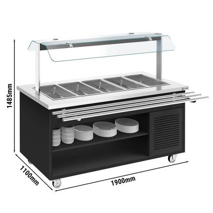 GGM Gastro Refrigerated Salad Bar Trolley DANZIG - 1900mm - for 5x GN 1/1 - with Tray Slide - Black - Mobile - with Gantry - with Sneeze Screen