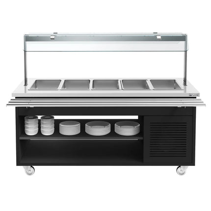 GGM Gastro Refrigerated Salad Bar Trolley DANZIG - 1900mm - for 5x GN 1/1 - with Tray Slide - Black - Mobile - with Gantry - with Sneeze Screen