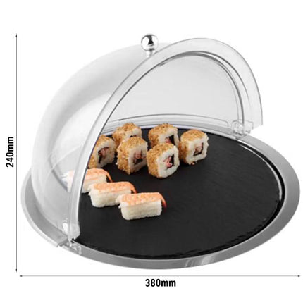 GGM Gastro Roll-top Display Set - SAN plastic - Ø 380mm - Height: 240mm - incl. stainless steel tray, natural slate plate & roll-top cover