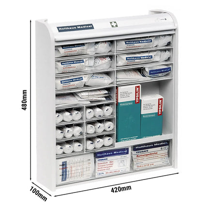 GGM Gastro Rollmed | First Aid Cabinet - filled extended - White - with wall-mounted, child lock, roller shutter door, 14 drawers - incl. mounting hardware, safety sign