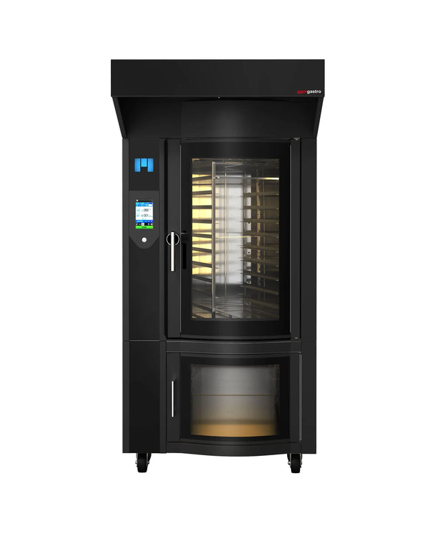 GGM Gastro Rotary Commercial Bakery Convection Oven with Steam Injection - Touchscreen Controls - 1 Baking Chambers - 10x 600x400mm (EN 60x40) - Black - with Hood & with Prover Cabinet