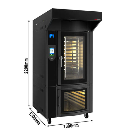 GGM Gastro Rotary Commercial Bakery Convection Oven with Steam Injection - Touchscreen Controls - 1 Baking Chambers - 10x 600x400mm (EN 60x40) - Black - with Hood & with Prover Cabinet