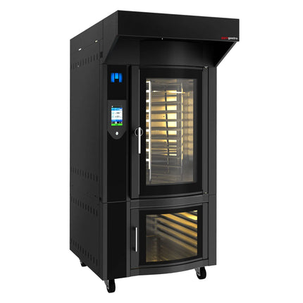 GGM Gastro Rotary Commercial Bakery Convection Oven with Steam Injection - Touchscreen Controls - 1 Baking Chambers - 10x 600x400mm (EN 60x40) - Black - with Hood & with Prover Cabinet