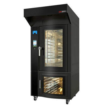 GGM Gastro Rotary Commercial Bakery Convection Oven with Steam Injection - Touchscreen Controls - 1 Baking Chambers - 10x 600x400mm (EN 60x40) - Black - with Hood & with Prover Cabinet