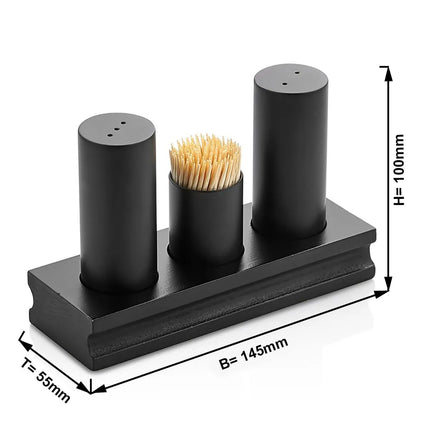 GGM Gastro Salt and Pepper Cruet Set and Stand - 3-piece - salt & pepper; toothpicks - Stainless steel stand - Height: 200mm - Glass & Stainless steel - Black