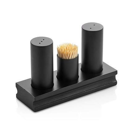 GGM Gastro Salt and Pepper Cruet Set and Stand - 3-piece - salt & pepper; toothpicks - Stainless steel stand - Height: 200mm - Glass & Stainless steel - Black