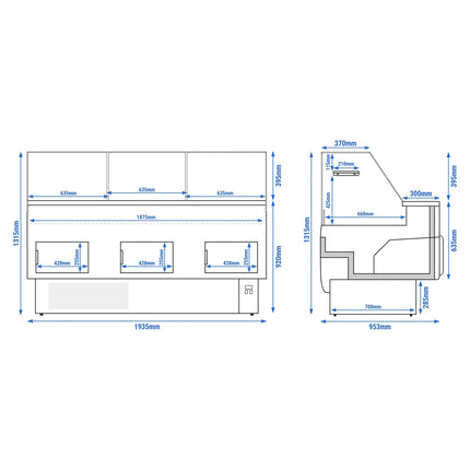 GGM Gastro Serve Over Counter - 1935mm - front and sides glass, rear open - capacity 213 litres - front panel light blue