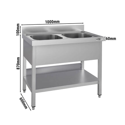 GGM Gastro Stainless Steel Commercial Sink Unit ECO - 1000x600mm - with Double Bowl Centre - with Undershelf - with Upstand