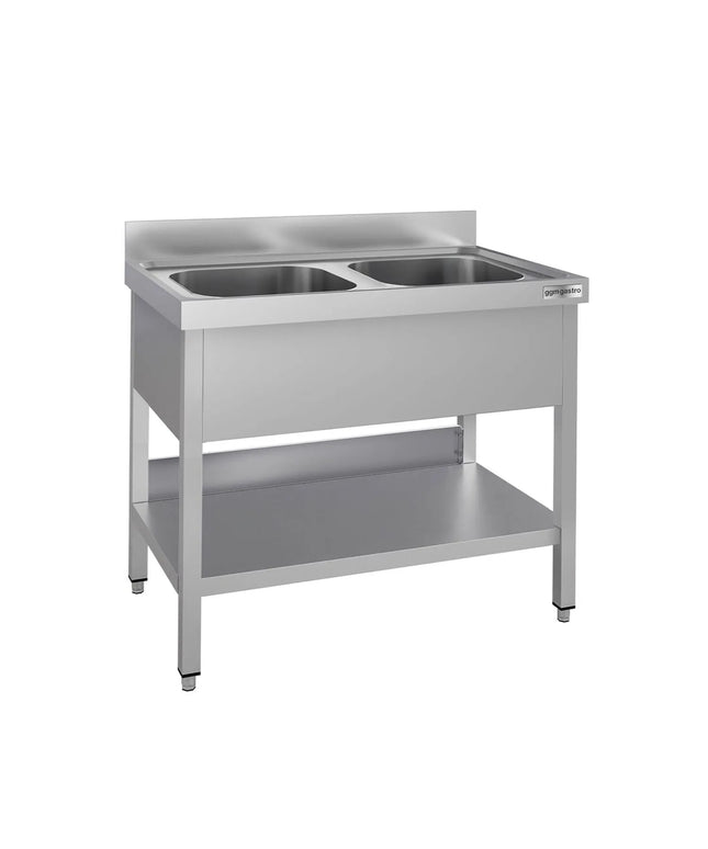 GGM Gastro Stainless Steel Commercial Sink Unit ECO - 1000x700mm - with Double Bowl Centre - with Undershelf - with Upstand