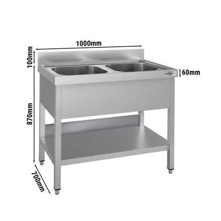 GGM Gastro Stainless Steel Commercial Sink Unit ECO - 1000x700mm - with Double Bowl Centre - with Undershelf - with Upstand
