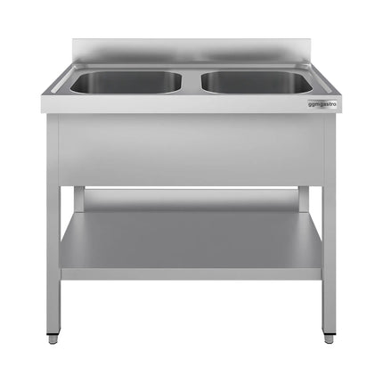 GGM Gastro Stainless Steel Commercial Sink Unit ECO - 1000x700mm - with Double Bowl Centre - with Undershelf - with Upstand