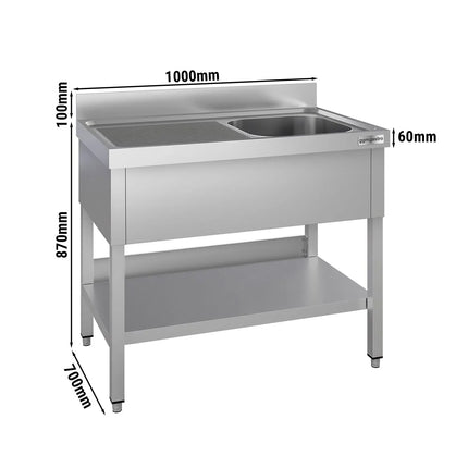 GGM Gastro Stainless Steel Commercial Sink Unit ECO - 1000x700mm - with Single Bowl Right-hand - with Undershelf - with Upstand