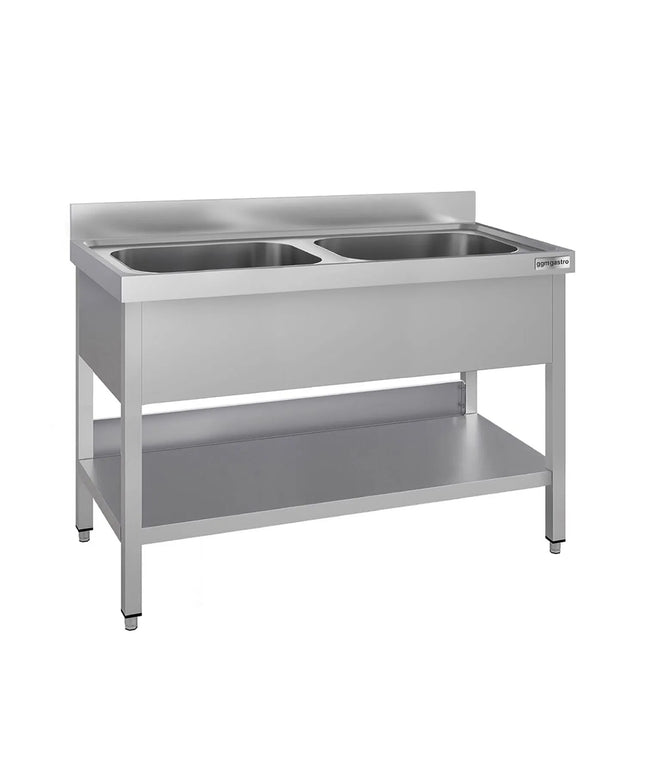 GGM Gastro Stainless Steel Commercial Sink Unit ECO - 1200x600mm - with Double Bowl Centre - with Undershelf - with Upstand