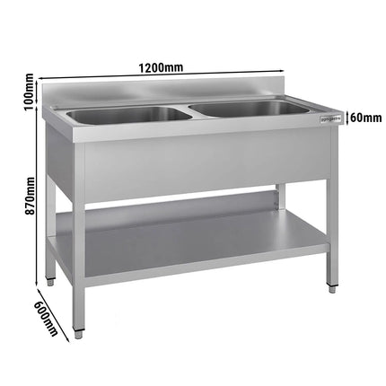 GGM Gastro Stainless Steel Commercial Sink Unit ECO - 1200x600mm - with Double Bowl Centre - with Undershelf - with Upstand