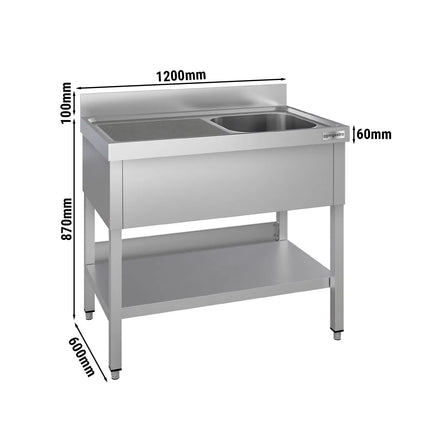 GGM Gastro Stainless Steel Commercial Sink Unit ECO - 1200x600mm - with Single Bowl Right-hand - with Undershelf - with Upstand