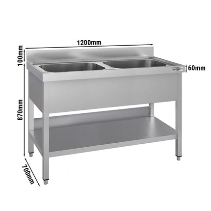 GGM Gastro Stainless Steel Commercial Sink Unit ECO - 1200x700mm - with Double Bowl Centre - with Undershelf - with Upstand
