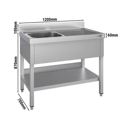 GGM Gastro Stainless Steel Commercial Sink Unit ECO - 1200x700mm - with Single Bowl Left-hand - with Undershelf - with Upstand