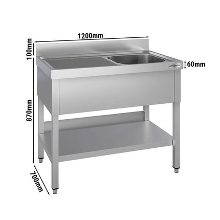 GGM Gastro Stainless Steel Commercial Sink Unit ECO - 1200x700mm - with Single Bowl Right-hand - with Undershelf - with Upstand