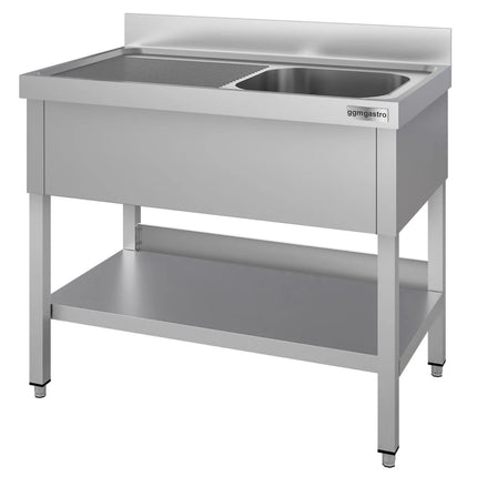 GGM Gastro Stainless Steel Commercial Sink Unit ECO - 1200x700mm - with Single Bowl Right-hand - with Undershelf - with Upstand
