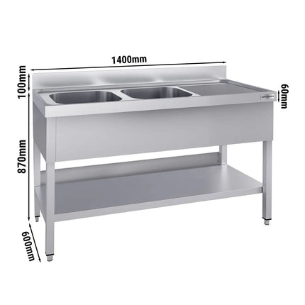 GGM Gastro Stainless Steel Commercial Sink Unit ECO - 1400x600mm - with Double Bowl Left-hand - with Undershelf - with Upstand