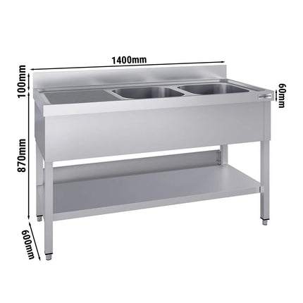 GGM Gastro Stainless Steel Commercial Sink Unit ECO - 1400x600mm - with Double Bowl Right-hand - with Undershelf - with Upstand