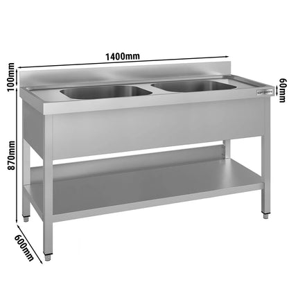 GGM Gastro Stainless Steel Commercial Sink Unit ECO - 1400x600mm - with Double Bowl Centre - with Undershelf - with Upstand