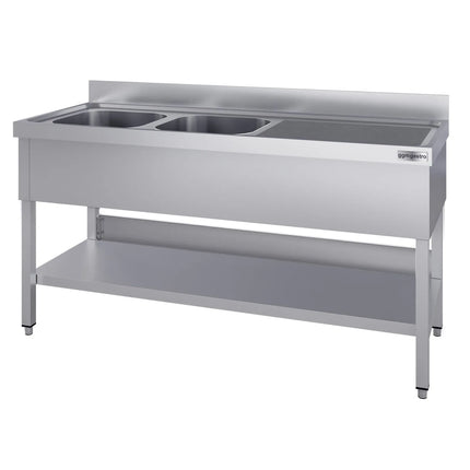 GGM Gastro Stainless Steel Commercial Sink Unit ECO - 1400x600mm - with Double Bowl Left-hand - with Undershelf - with Upstand