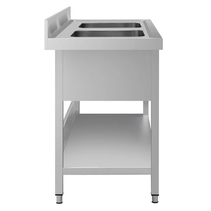 GGM Gastro Stainless Steel Commercial Sink Unit ECO - 1400x600mm - with Double Bowl Centre - with Undershelf - with Upstand