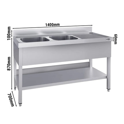 GGM Gastro Stainless Steel Commercial Sink Unit ECO - 1400x700mm - with Double Bowl Left-hand - with Undershelf - with Upstand