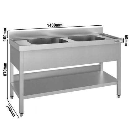 GGM Gastro Stainless Steel Commercial Sink Unit ECO - 1400x700mm - with Double Bowl Centre - with Undershelf - with Upstand