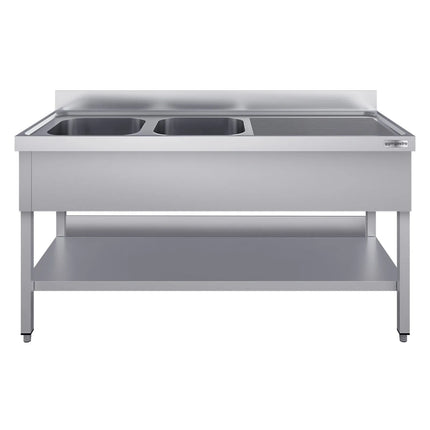 GGM Gastro Stainless Steel Commercial Sink Unit ECO - 1400x700mm - with Double Bowl Left-hand - with Undershelf - with Upstand