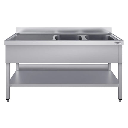 GGM Gastro Stainless Steel Commercial Sink Unit ECO - 1400x700mm - with Double Bowl Right-hand - with Undershelf - with Upstand