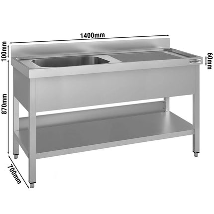 GGM Gastro Stainless Steel Commercial Sink Unit ECO - 1400x700mm - with Single Bowl Left-hand - with Undershelf - with Upstand